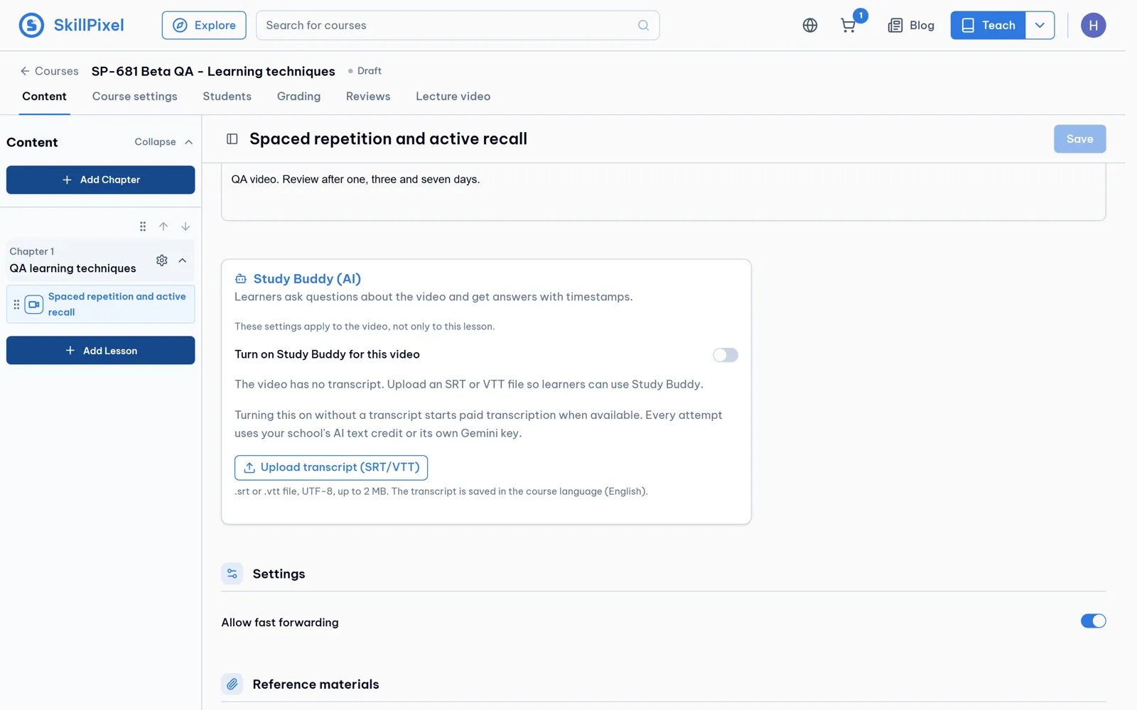 Start in the lesson editor. The QA video is ready, and Study Buddy is off with no transcript.