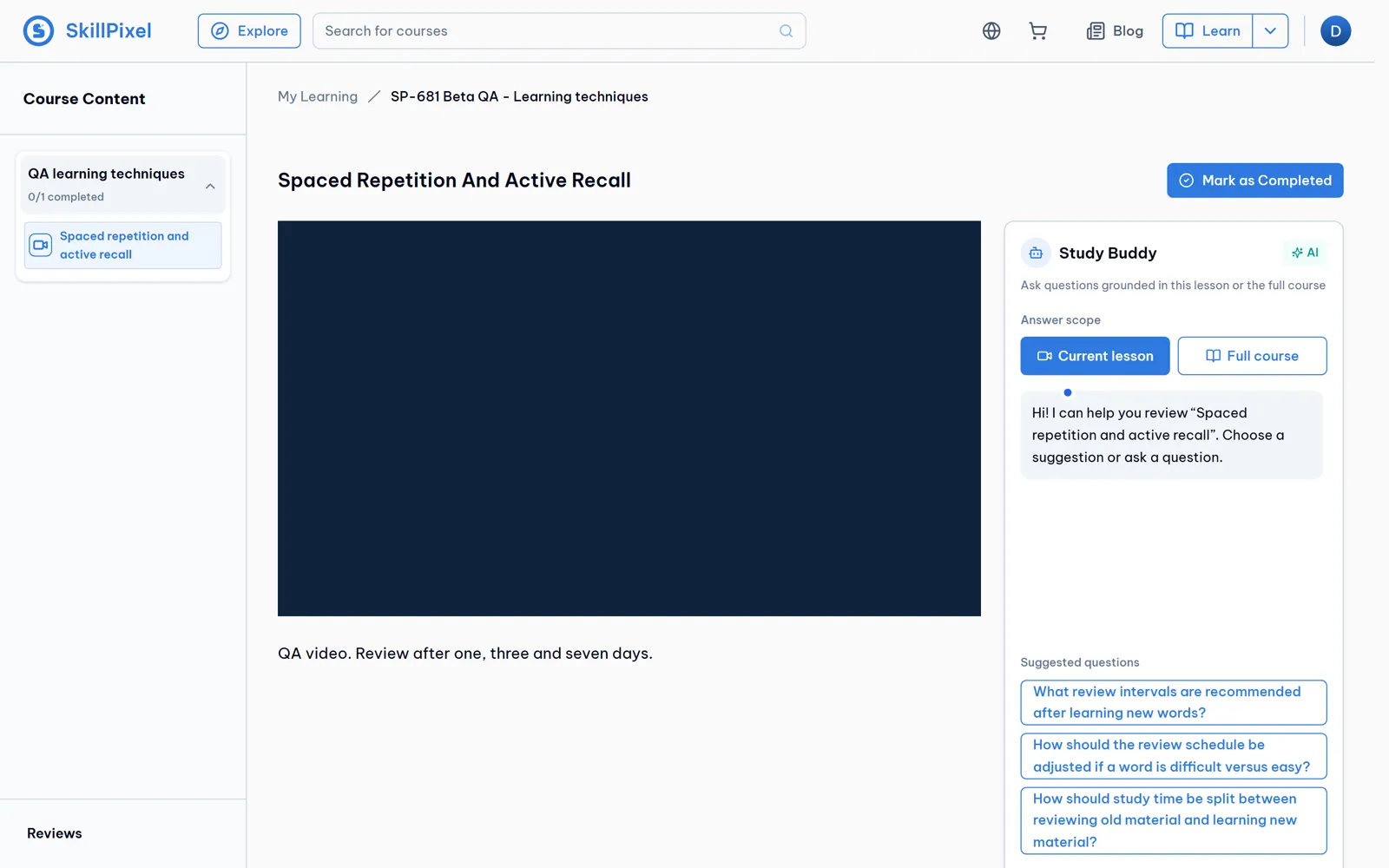Open the published QA lesson as an enrolled synthetic learner. The panel has a question input and scope controls. Instructor attribution was checked separately.