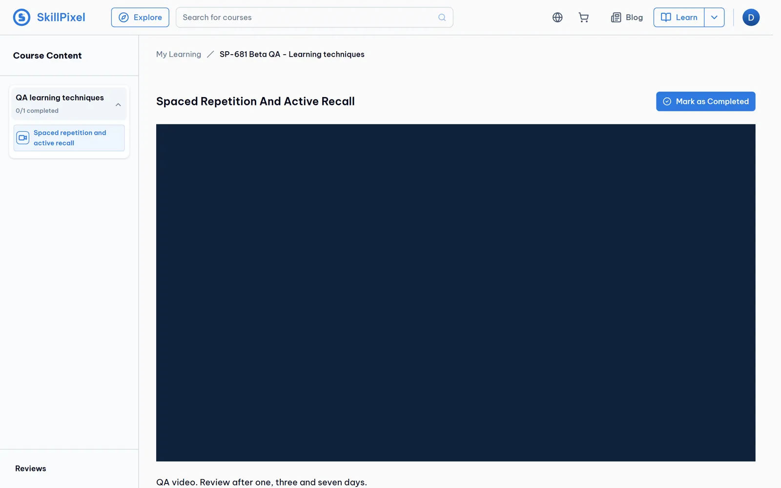 After Study Buddy is turned off and the learner reloads, the question panel is hidden. The transcript remains saved.